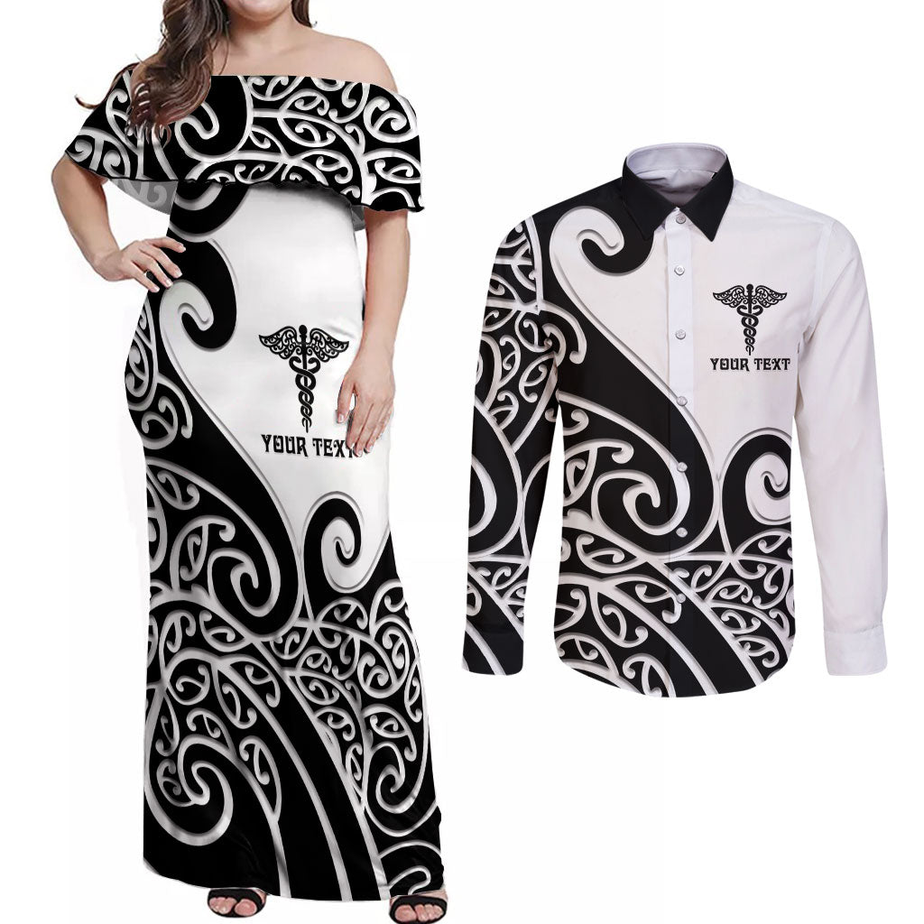 Personalised New Zealand Nurse Couples Matching Off Shoulder Maxi Dress and Long Sleeve Button Shirt Maori Koru Black Version LT05 Black - Polynesian Pride