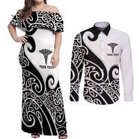 Personalised New Zealand Nurse Couples Matching Off Shoulder Maxi Dress and Long Sleeve Button Shirt Maori Koru Black Version LT05 Black - Polynesian Pride