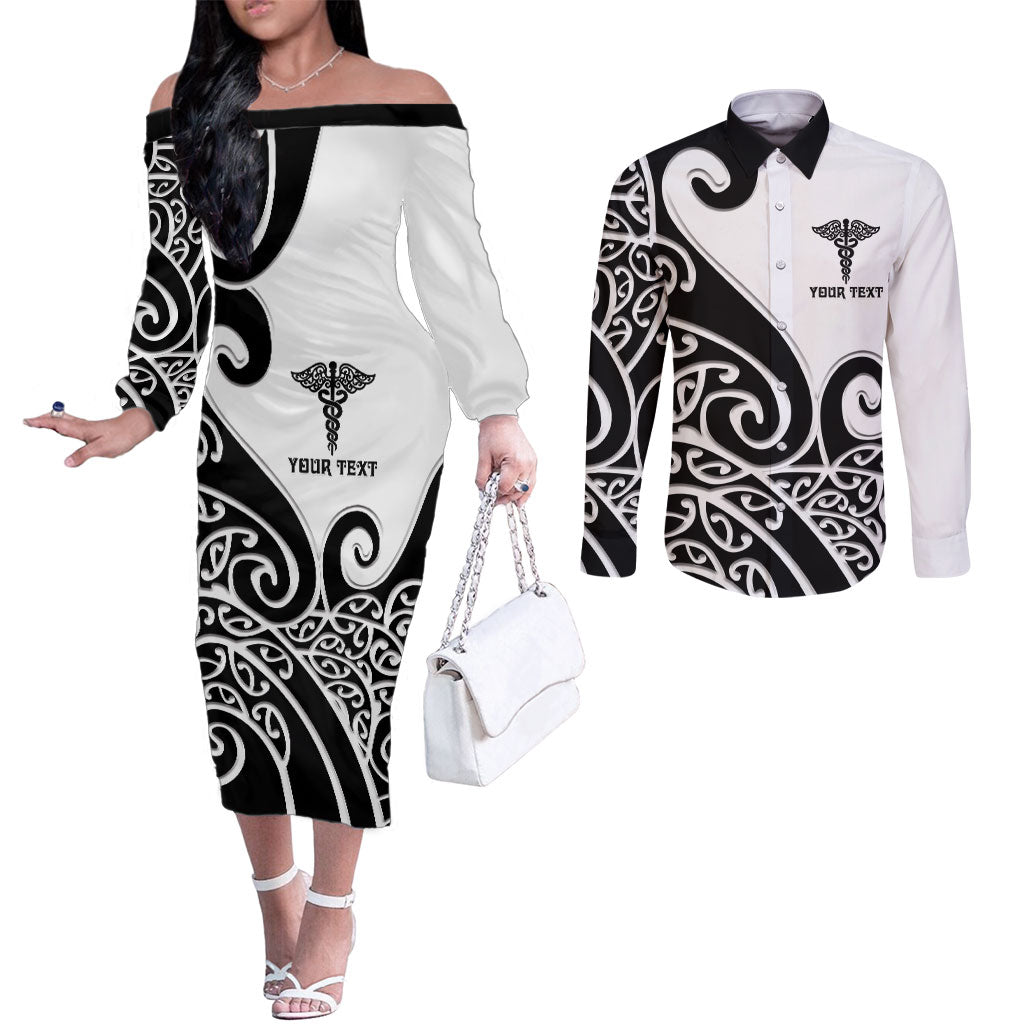 Personalised New Zealand Nurse Couples Matching Off The Shoulder Long Sleeve Dress and Long Sleeve Button Shirt Maori Koru Black Version LT05 Black - Polynesian Pride