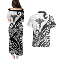 Personalised New Zealand Nurse Couples Matching Puletasi and Hawaiian Shirt Maori Koru Black Version LT05 - Polynesian Pride
