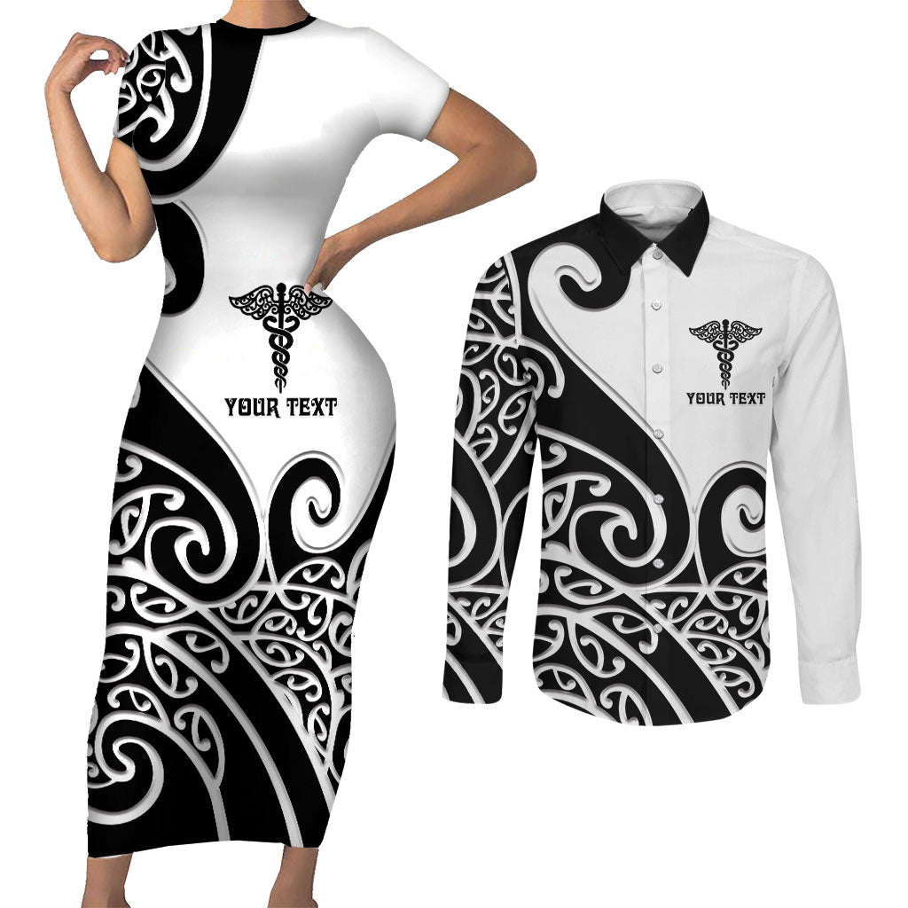 Personalised New Zealand Nurse Couples Matching Short Sleeve Bodycon Dress and Long Sleeve Button Shirt Maori Koru Black Version LT05 Black - Polynesian Pride