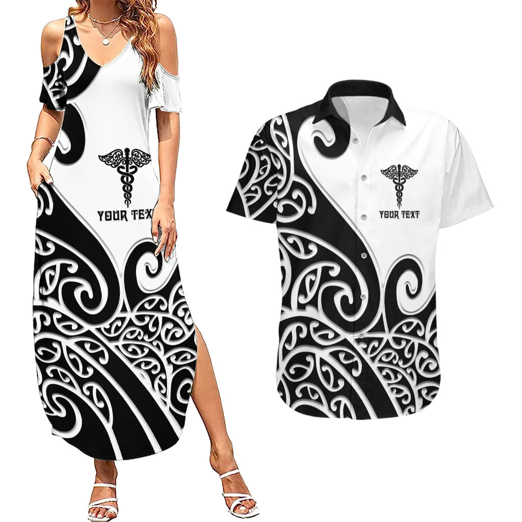 Personalised New Zealand Nurse Couples Matching Summer Maxi Dress and Hawaiian Shirt Maori Koru Black Version LT05 Black - Polynesian Pride