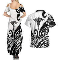 Personalised New Zealand Nurse Couples Matching Summer Maxi Dress and Hawaiian Shirt Maori Koru Black Version LT05 - Polynesian Pride