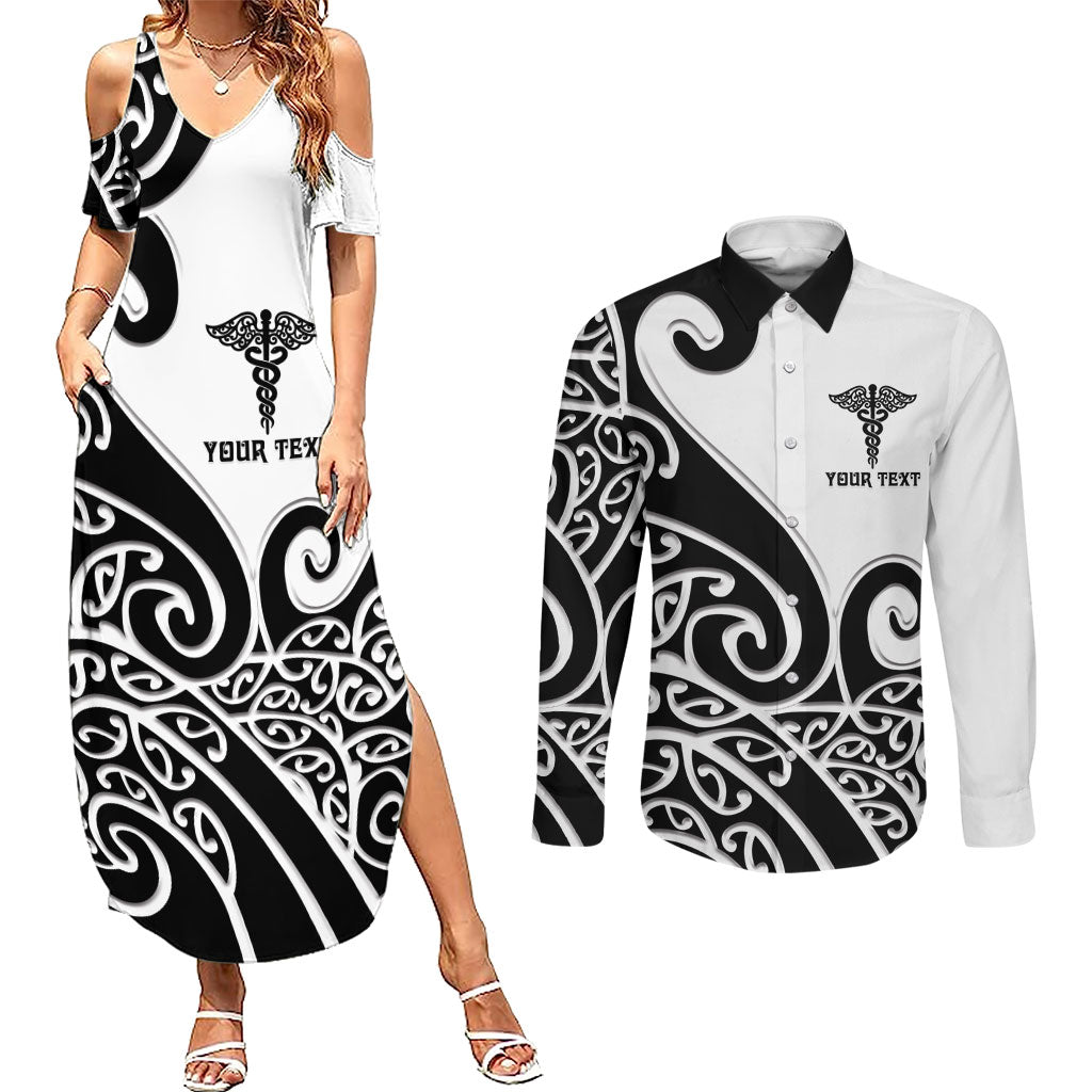 Personalised New Zealand Nurse Couples Matching Summer Maxi Dress and Long Sleeve Button Shirt Maori Koru Black Version LT05 Black - Polynesian Pride