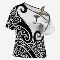 Personalised New Zealand Nurse Cross Shoulder Shirt Maori Koru Black Version