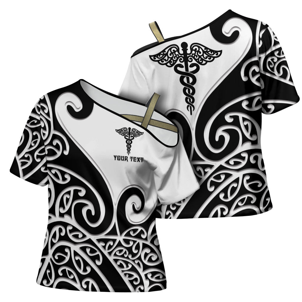 Personalised New Zealand Nurse Cross Shoulder Shirt Maori Koru Black Version