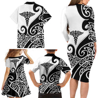 Personalised New Zealand Nurse Family Matching Long Sleeve Bodycon Dress and Hawaiian Shirt Maori Koru Black Version LT05 - Polynesian Pride