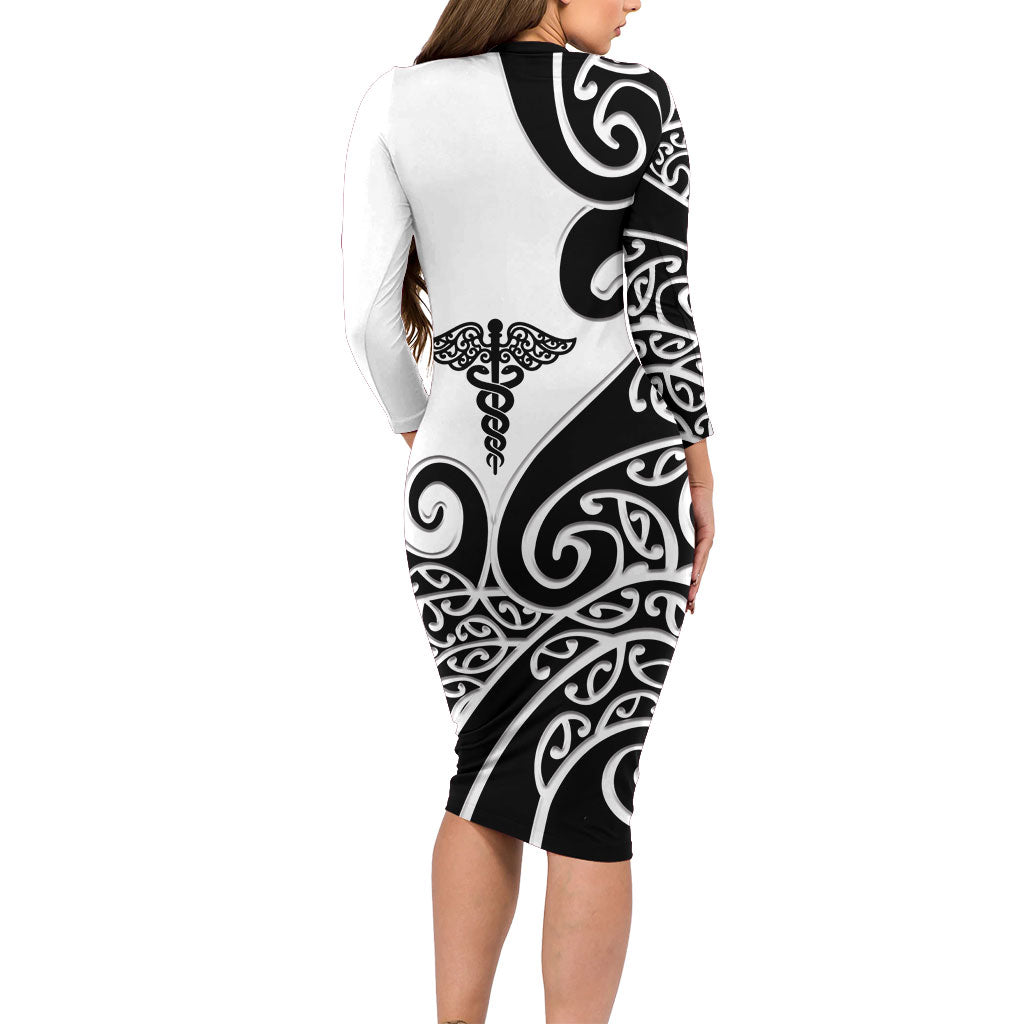 Personalised New Zealand Nurse Family Matching Long Sleeve Bodycon Dress and Hawaiian Shirt Maori Koru Black Version LT05 - Polynesian Pride