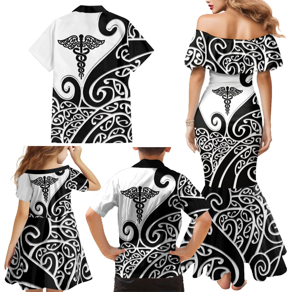 Personalised New Zealand Nurse Family Matching Mermaid Dress and Hawaiian Shirt Maori Koru Black Version LT05 - Polynesian Pride