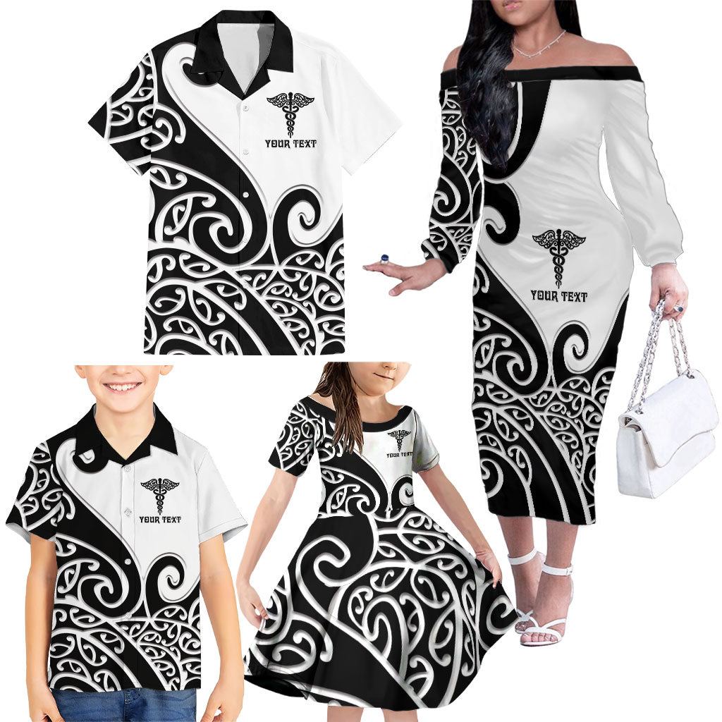Personalised New Zealand Nurse Family Matching Off The Shoulder Long Sleeve Dress and Hawaiian Shirt Maori Koru Black Version LT05 - Polynesian Pride