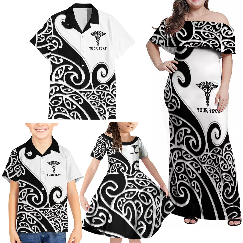 Personalised New Zealand Nurse Family Matching Off Shoulder Maxi Dress and Hawaiian Shirt Maori Koru Black Version