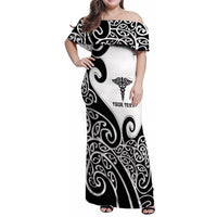 Personalised New Zealand Nurse Family Matching Off Shoulder Maxi Dress and Hawaiian Shirt Maori Koru Black Version LT05 Mom's Dress Black - Polynesian Pride