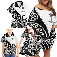 Personalised New Zealand Nurse Family Matching Off Shoulder Short Dress and Hawaiian Shirt Maori Koru Black Version LT05 - Polynesian Pride