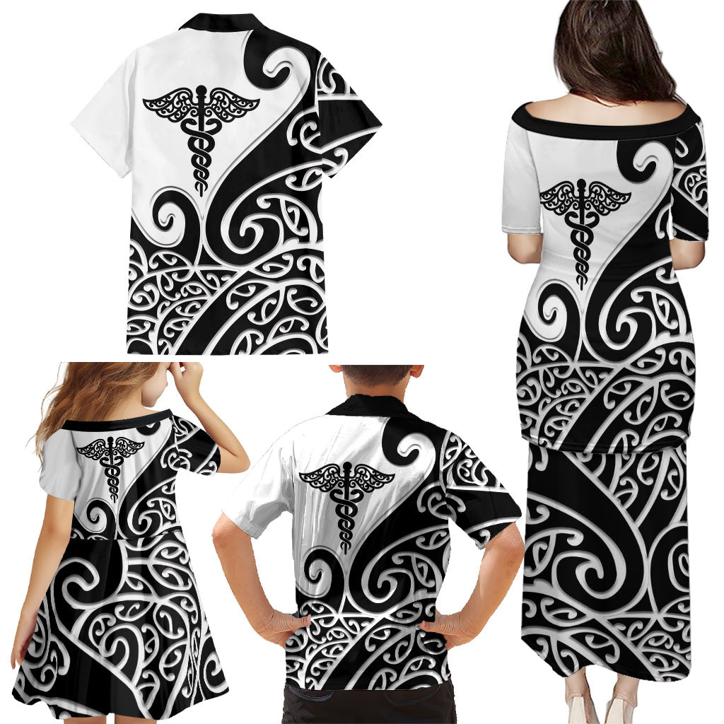 Personalised New Zealand Nurse Family Matching Puletasi and Hawaiian Shirt Maori Koru Black Version LT05 - Polynesian Pride
