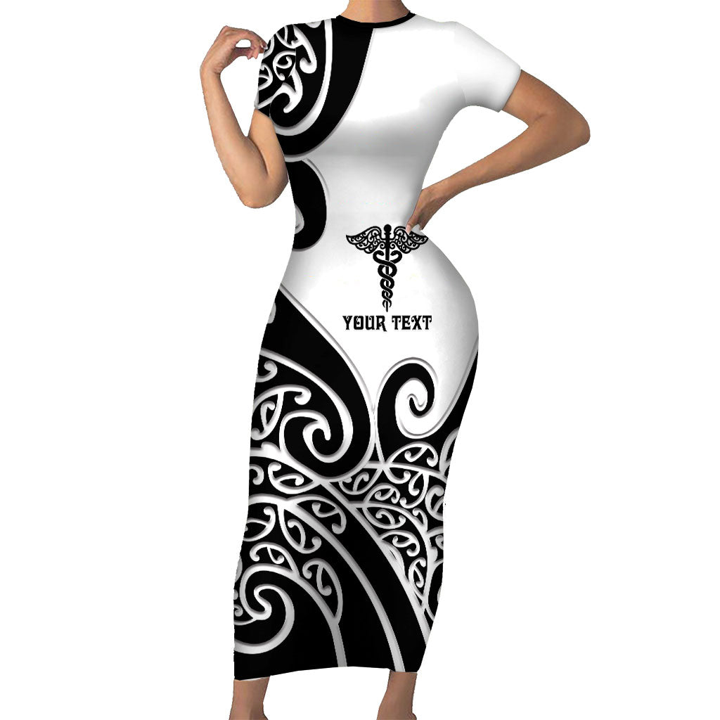 Personalised New Zealand Nurse Family Matching Short Sleeve Bodycon Dress and Hawaiian Shirt Maori Koru Black Version LT05 Mom's Dress Black - Polynesian Pride