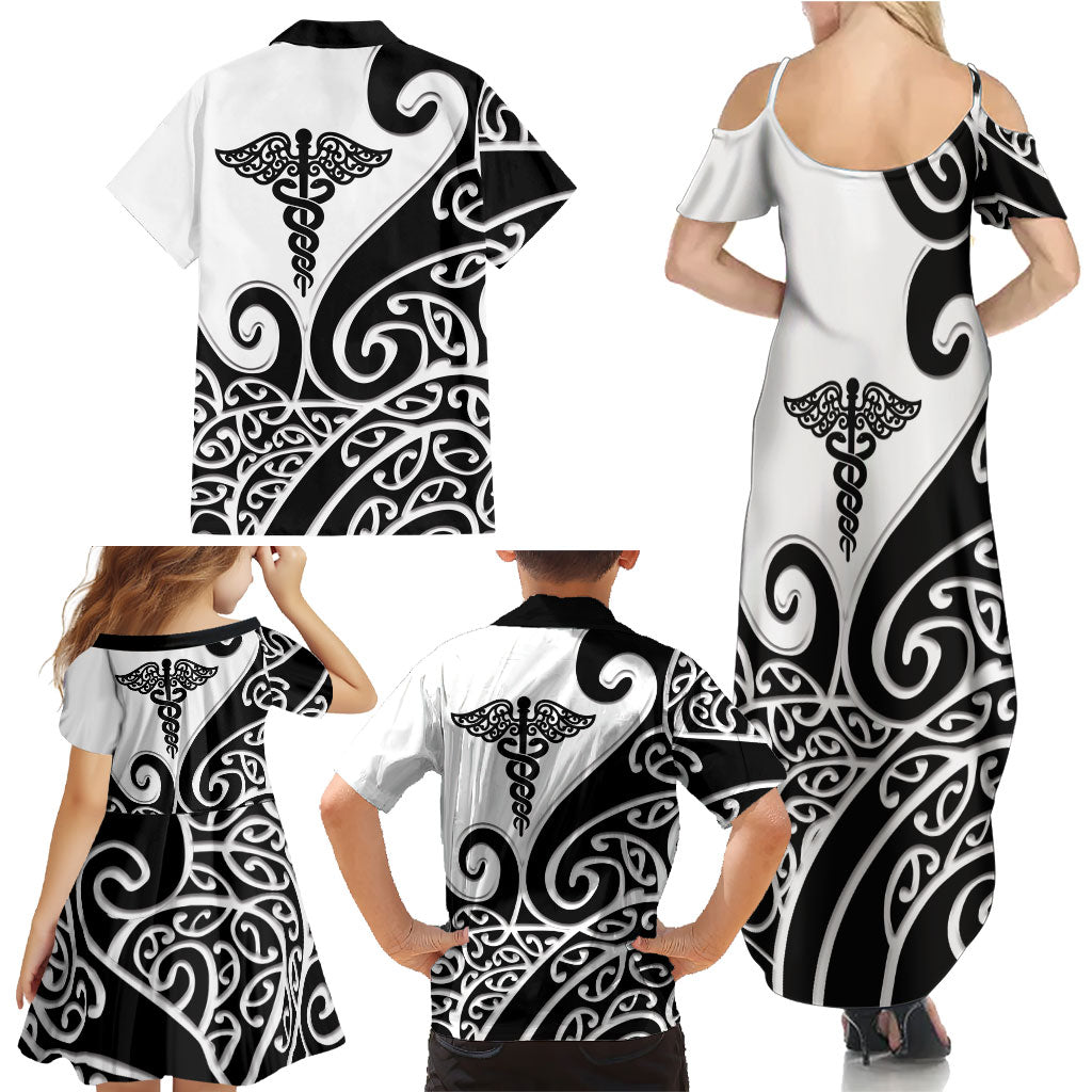 Personalised New Zealand Nurse Family Matching Summer Maxi Dress and Hawaiian Shirt Maori Koru Black Version LT05 - Polynesian Pride