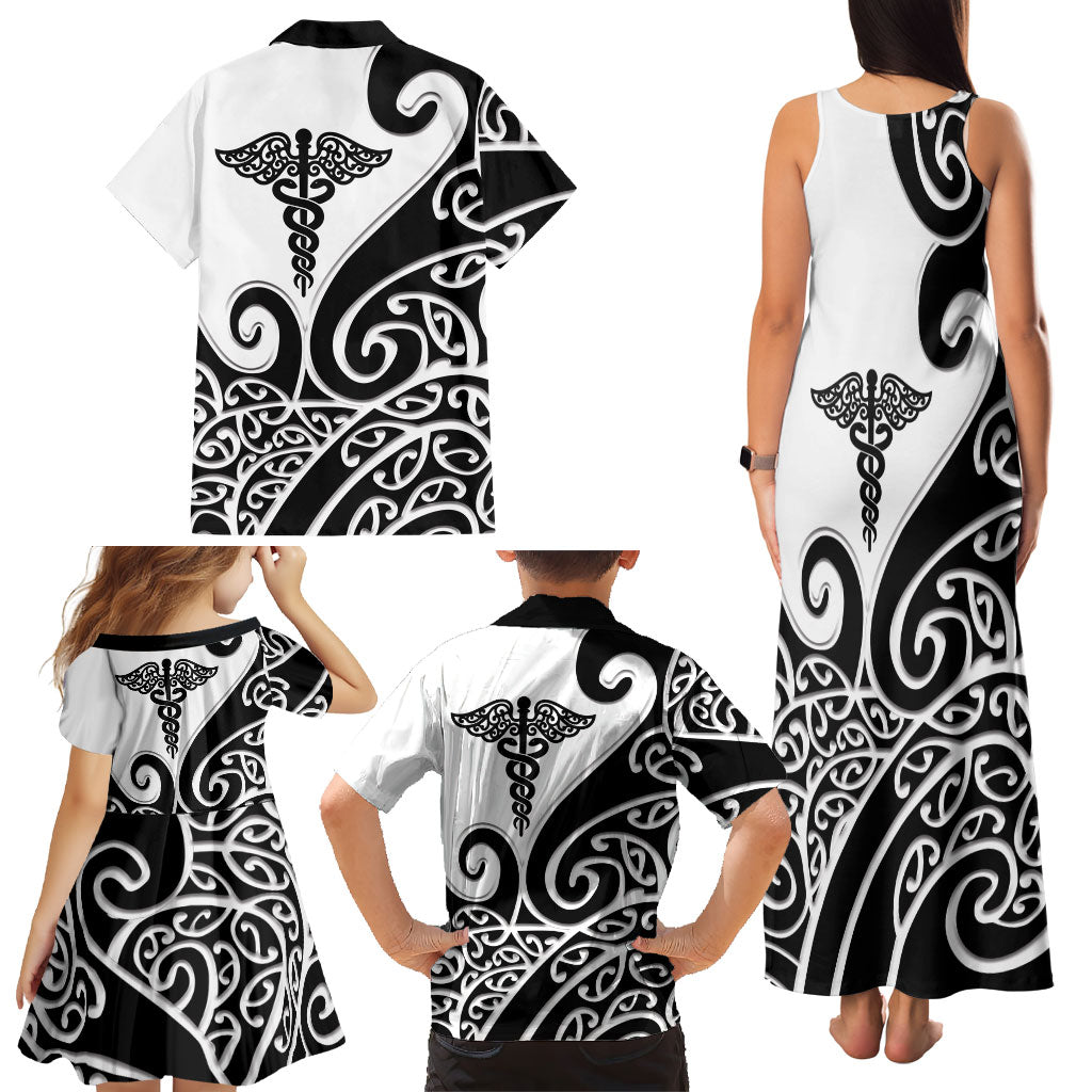 Personalised New Zealand Nurse Family Matching Tank Maxi Dress and Hawaiian Shirt Maori Koru Black Version LT05 - Polynesian Pride