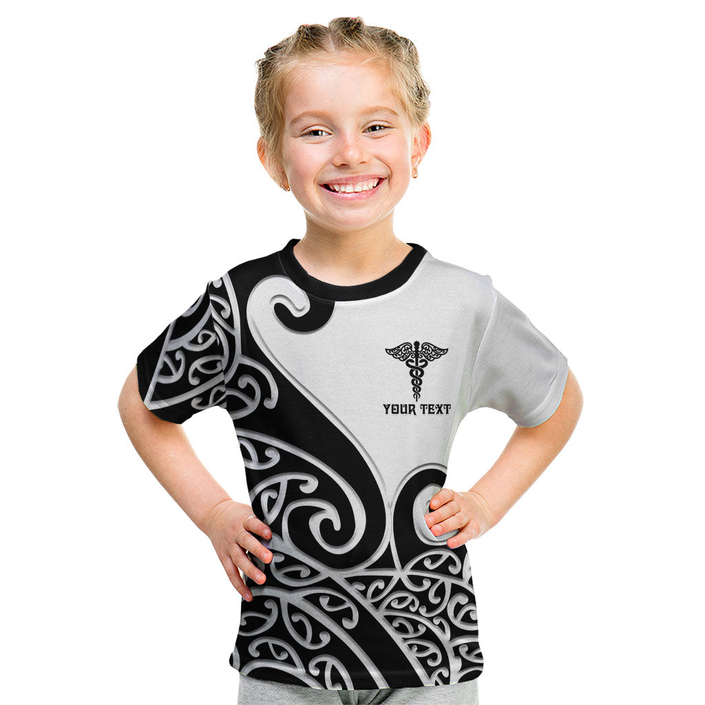 Personalised New Zealand Nurse Kid T Shirt Maori Koru Black Version