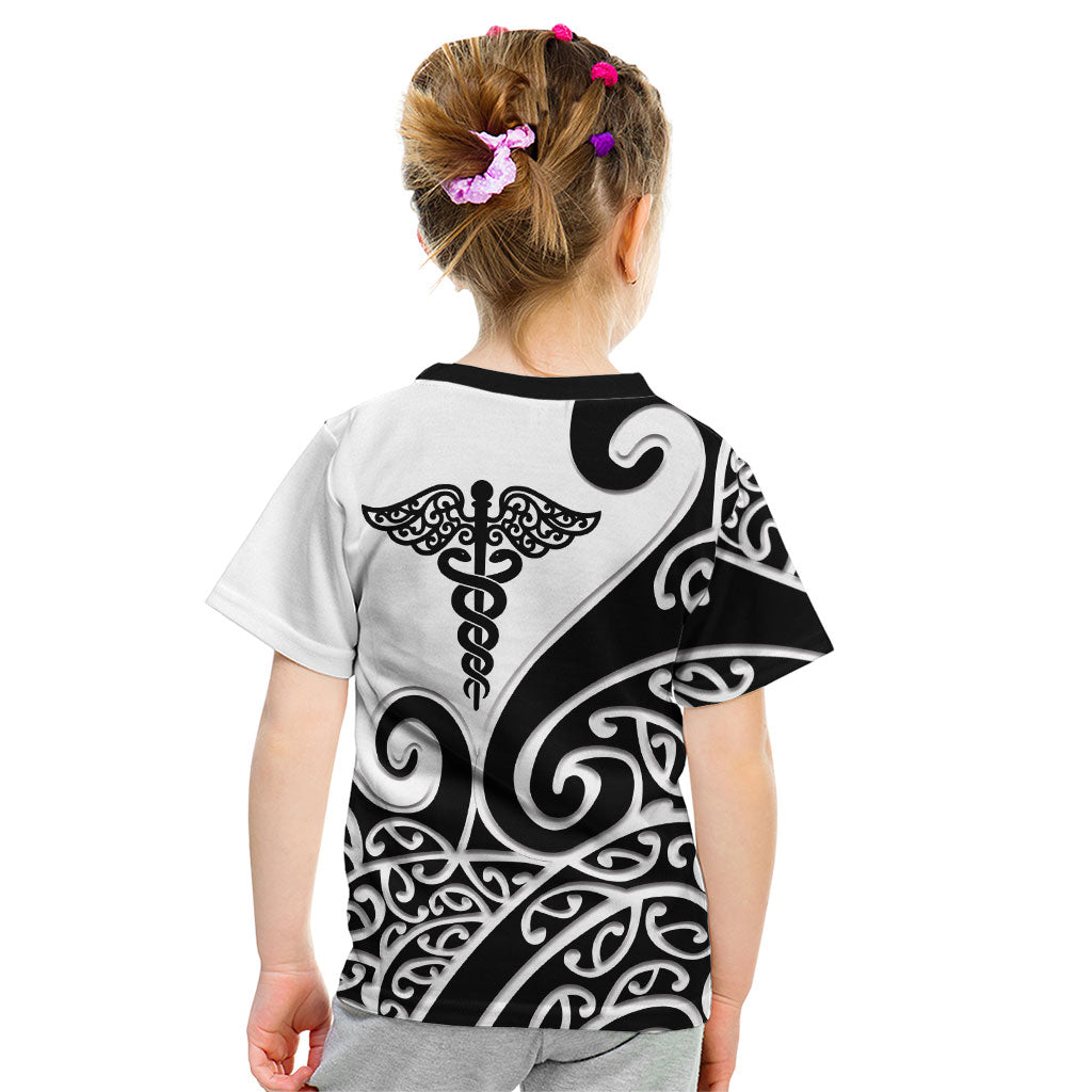 Personalised New Zealand Nurse Kid T Shirt Maori Koru Black Version