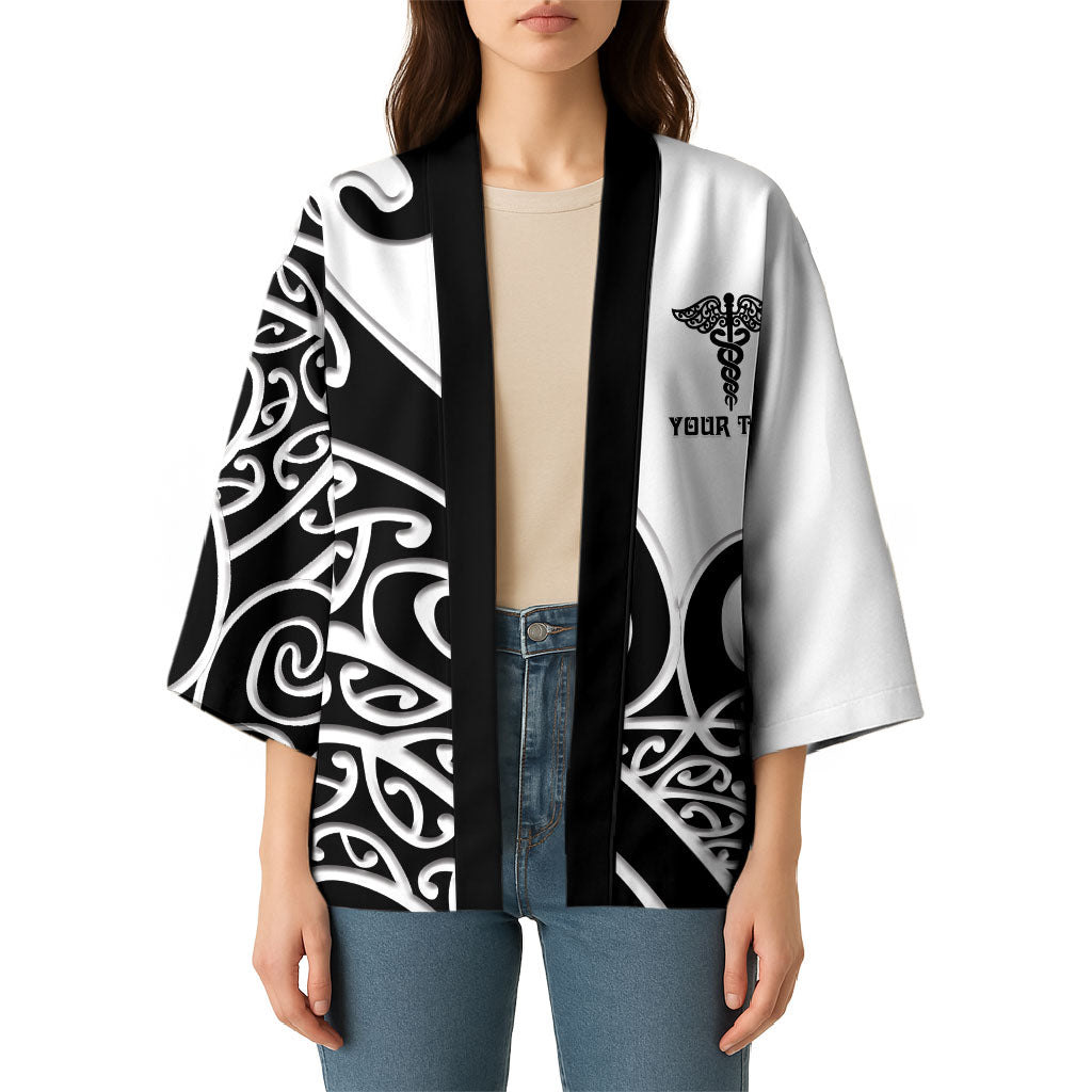 Personalised New Zealand Nurse Kimono Maori Koru Black Version