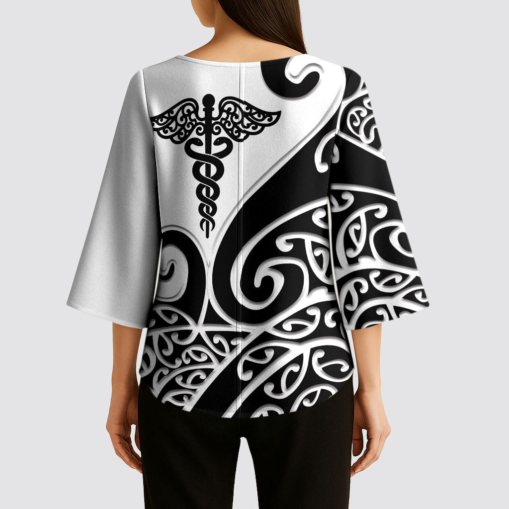 Personalised New Zealand Nurse Kimono Sleeve Blouse Maori Koru Black Version