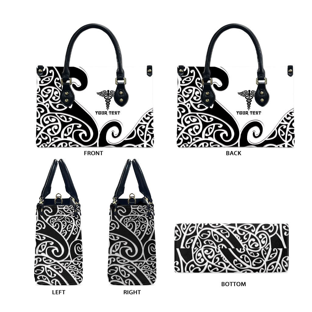 Personalised New Zealand Nurse Leather Bag Maori Koru Black Version