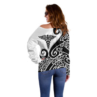 Personalised New Zealand Nurse Off Shoulder Sweater Maori Koru Black Version