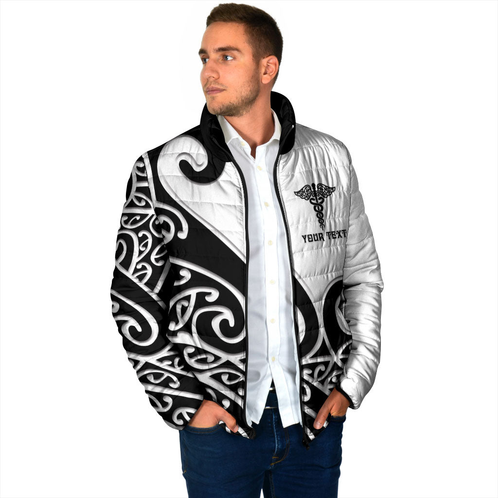 Personalised New Zealand Nurse Padded Jacket Maori Koru Black Version