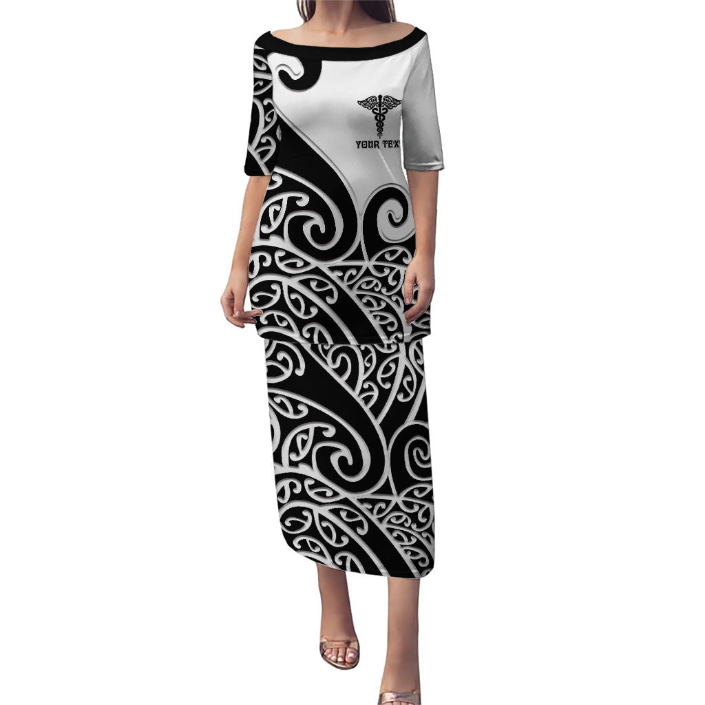 Personalised New Zealand Nurse Puletasi Maori Koru Black Version LT05 Long Dress Black - Polynesian Pride