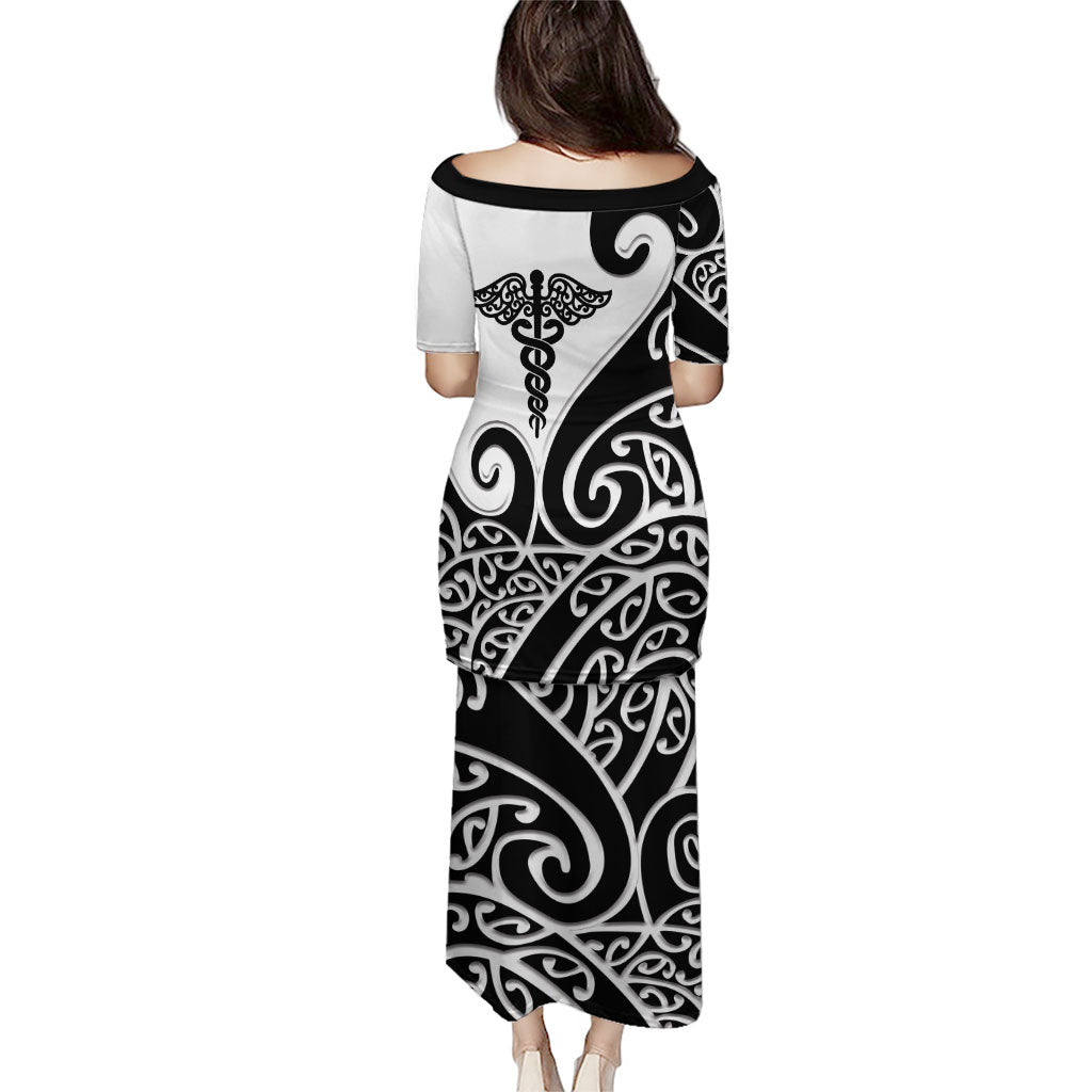 Personalised New Zealand Nurse Puletasi Maori Koru Black Version LT05 - Polynesian Pride