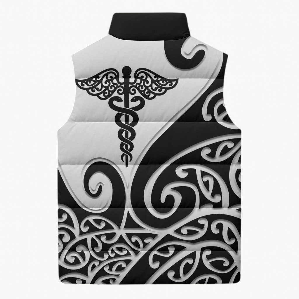 Personalised New Zealand Nurse Sleeveless Puffer Jacket Maori Koru Black Version