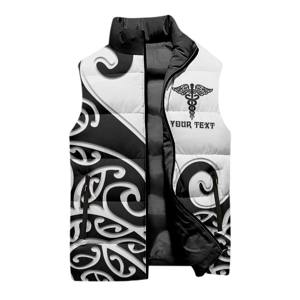 Personalised New Zealand Nurse Sleeveless Puffer Jacket Maori Koru Black Version