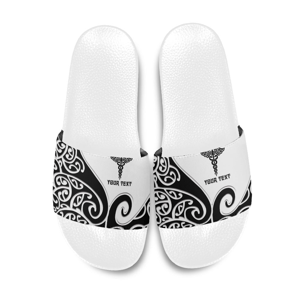 Personalised New Zealand Nurse Slide Sandals Maori Koru Black Version