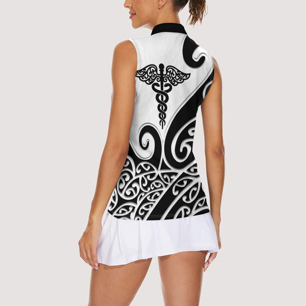 Personalised New Zealand Nurse Women Sleeveless Polo Shirt Maori Koru Black Version LT05 - Polynesian Pride