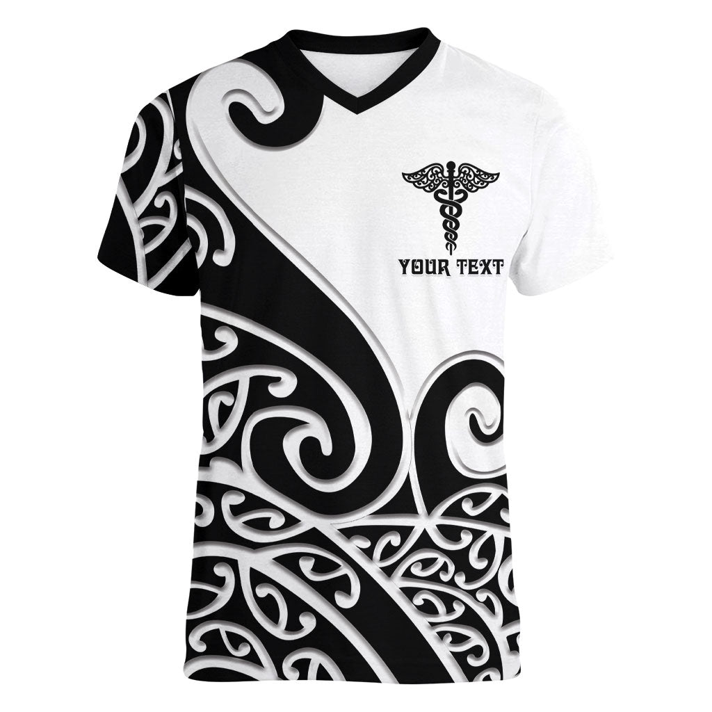 Personalised New Zealand Nurse Women V-Neck T-Shirt Maori Koru Black Version LT05 Female Black - Polynesian Pride