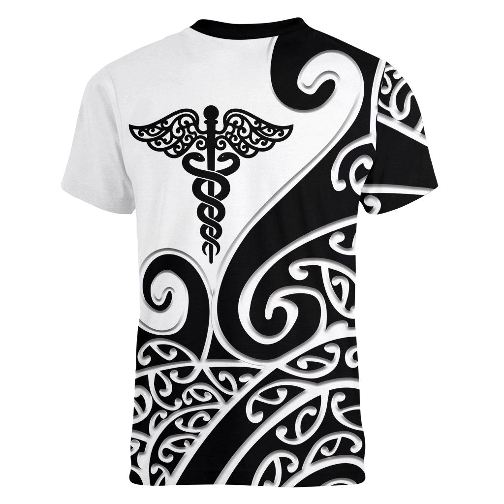 Personalised New Zealand Nurse Women V-Neck T-Shirt Maori Koru Black Version LT05 - Polynesian Pride