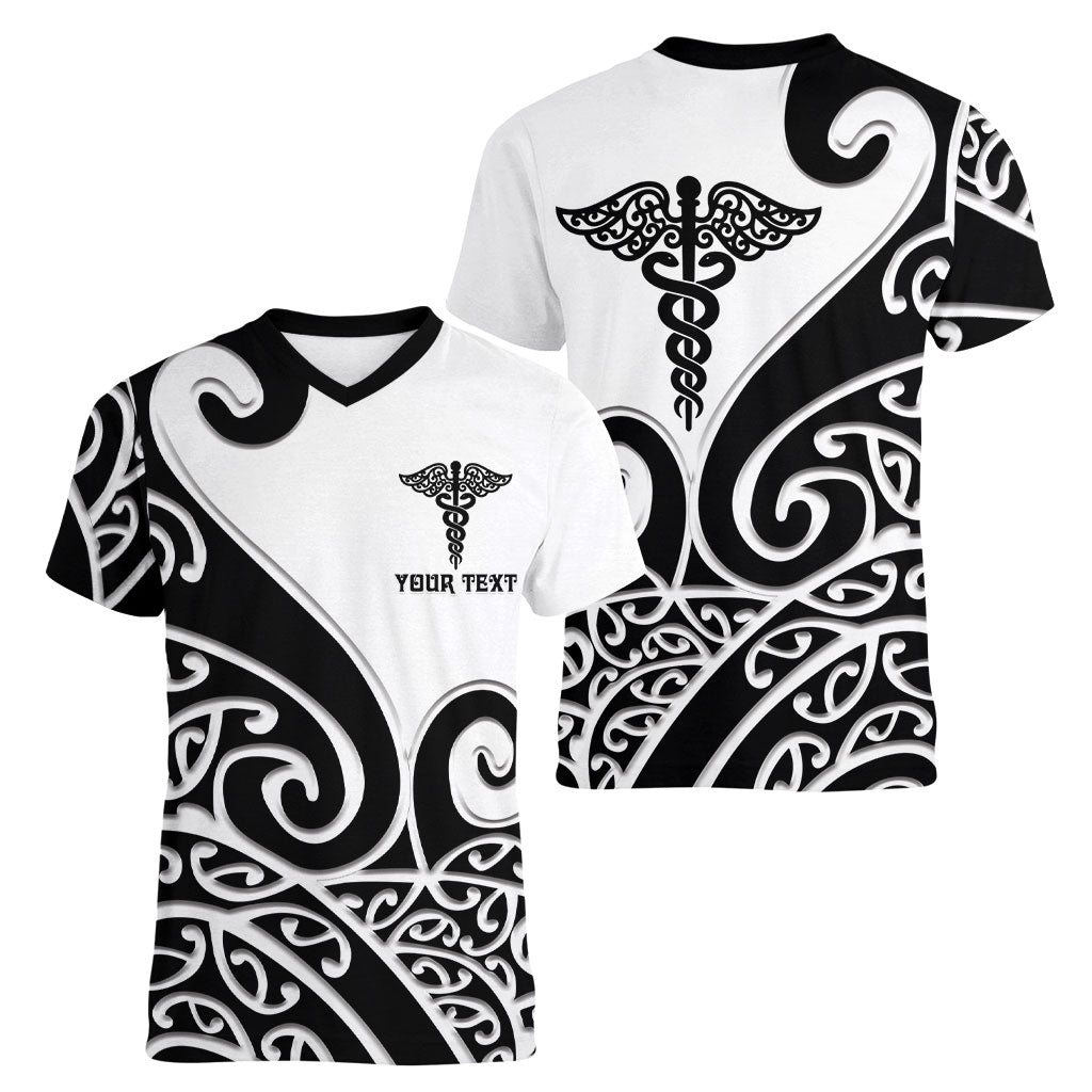 Personalised New Zealand Nurse Women V-Neck T-Shirt Maori Koru Black Version LT05 - Polynesian Pride