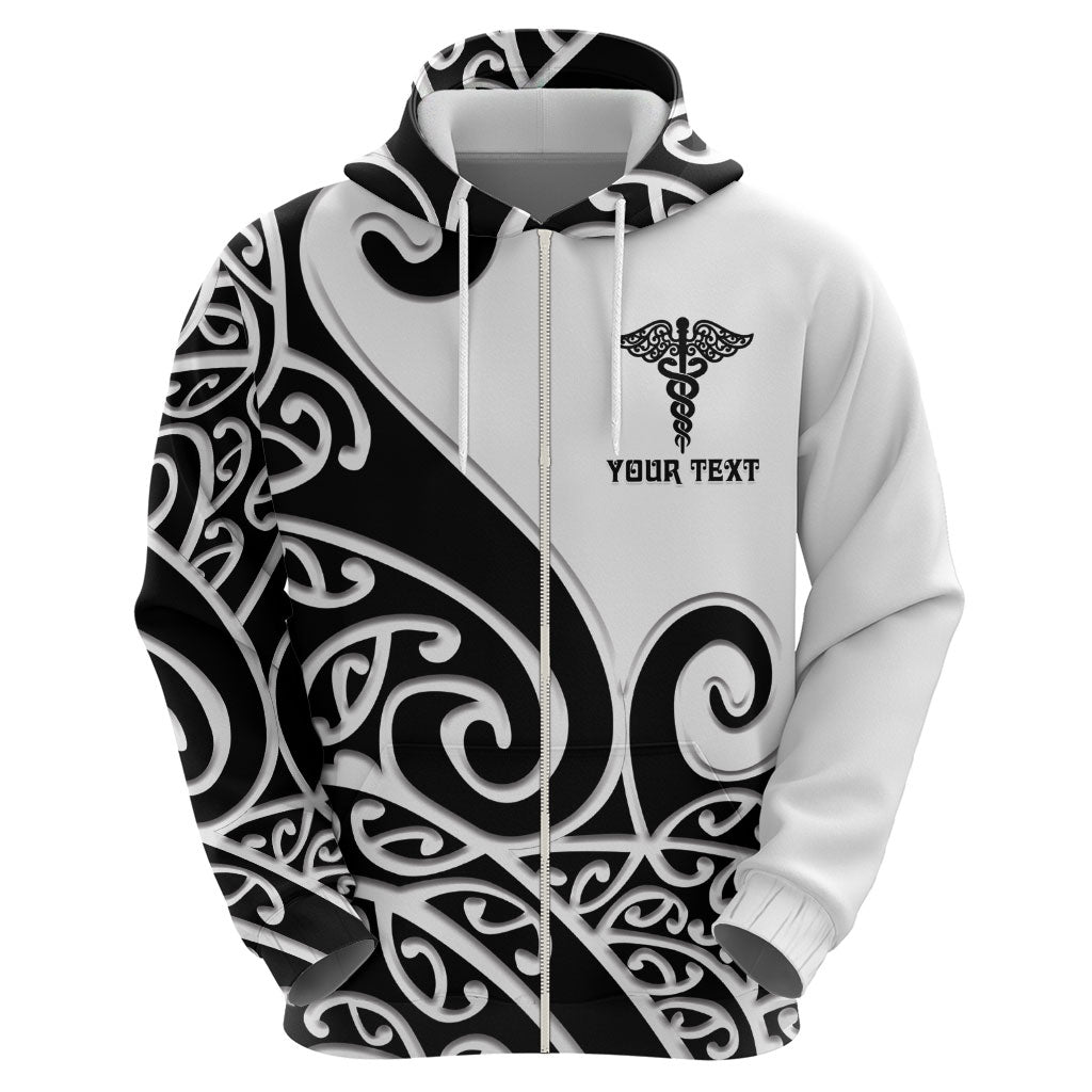 Personalised New Zealand Nurse Zip Hoodie Maori Koru Black Version