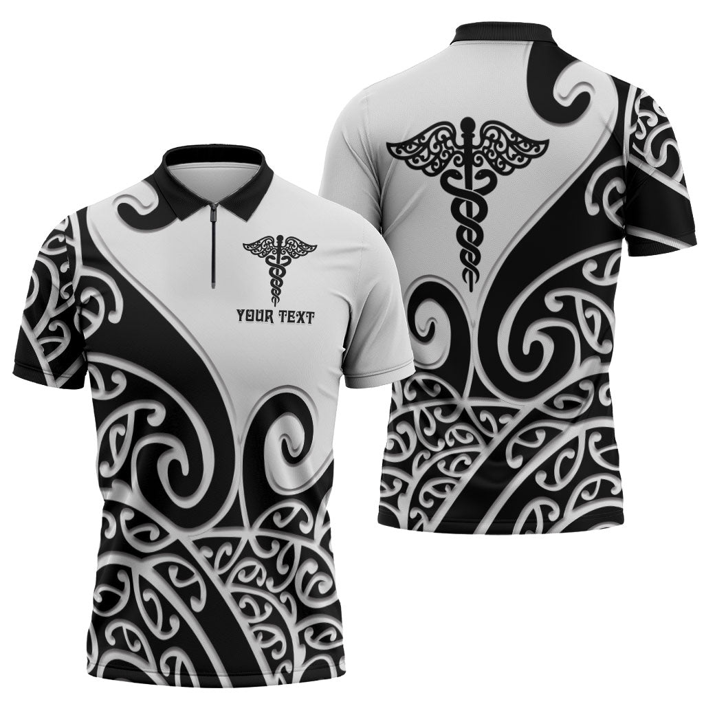 Personalised New Zealand Nurse Zipper Polo Shirt Maori Koru Black Version