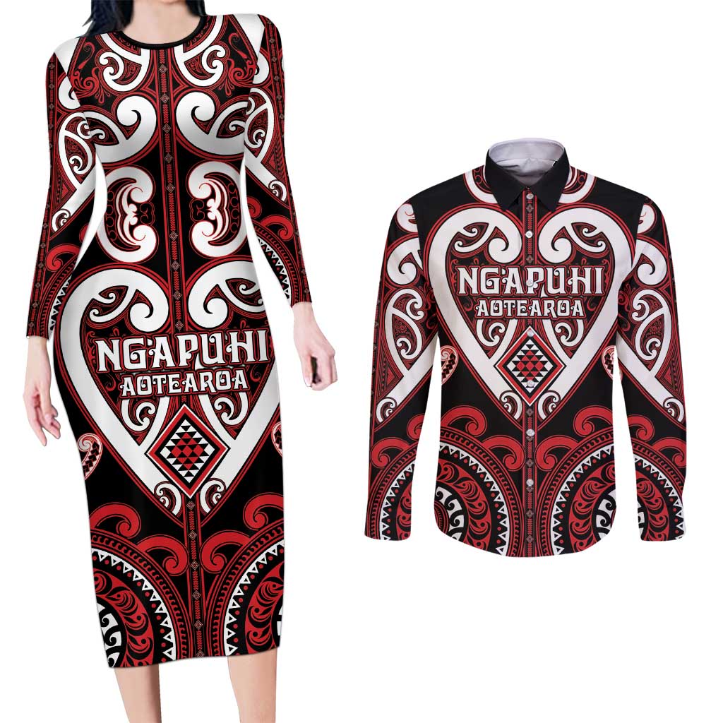 Custom Aotearoa Ngapuhi Couples Matching Long Sleeve Bodycon Dress and Long Sleeve Button Shirt Maori Tribal Pattern
