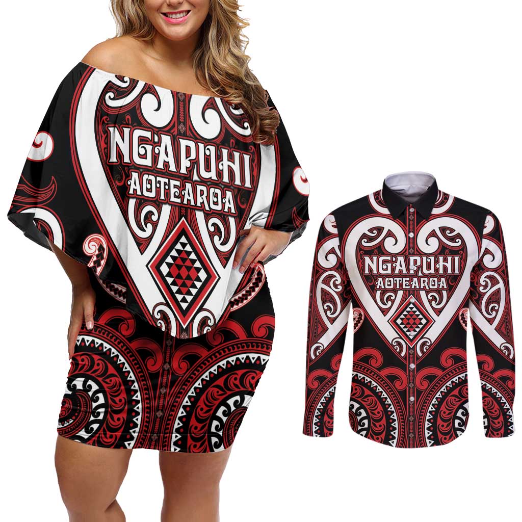 Custom Aotearoa Ngapuhi Couples Matching Off Shoulder Short Dress and Long Sleeve Button Shirt Maori Tribal Pattern