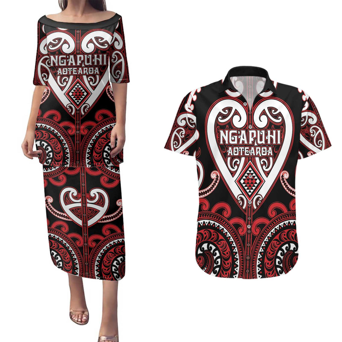 Custom Aotearoa Ngapuhi Couples Matching Puletasi and Hawaiian Shirt Maori Tribal Pattern