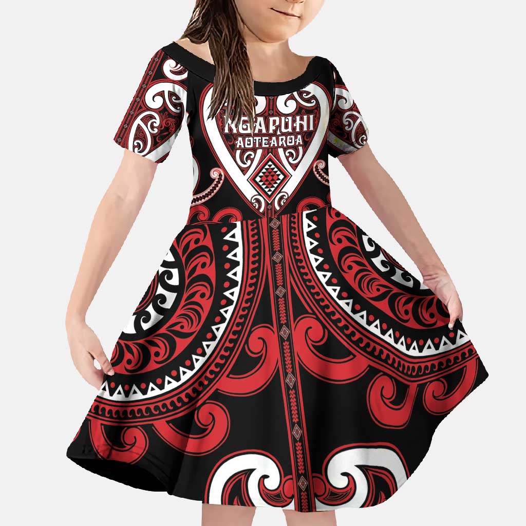 Custom Aotearoa Ngapuhi Family Matching Off Shoulder Maxi Dress and Hawaiian Shirt Maori Tribal Pattern LT05 Daughter's Dress Red - Polynesian Pride