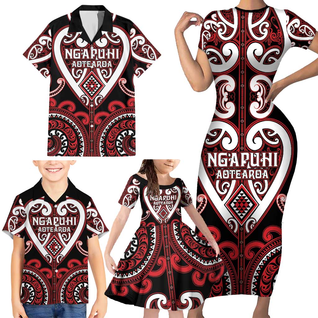 Custom Aotearoa Ngapuhi Family Matching Short Sleeve Bodycon Dress and Hawaiian Shirt Maori Tribal Pattern
