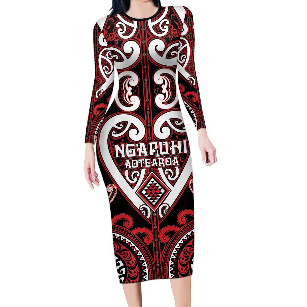 Custom Aotearoa Ngapuhi Long Sleeve Bodycon Dress Maori Tribal Pattern