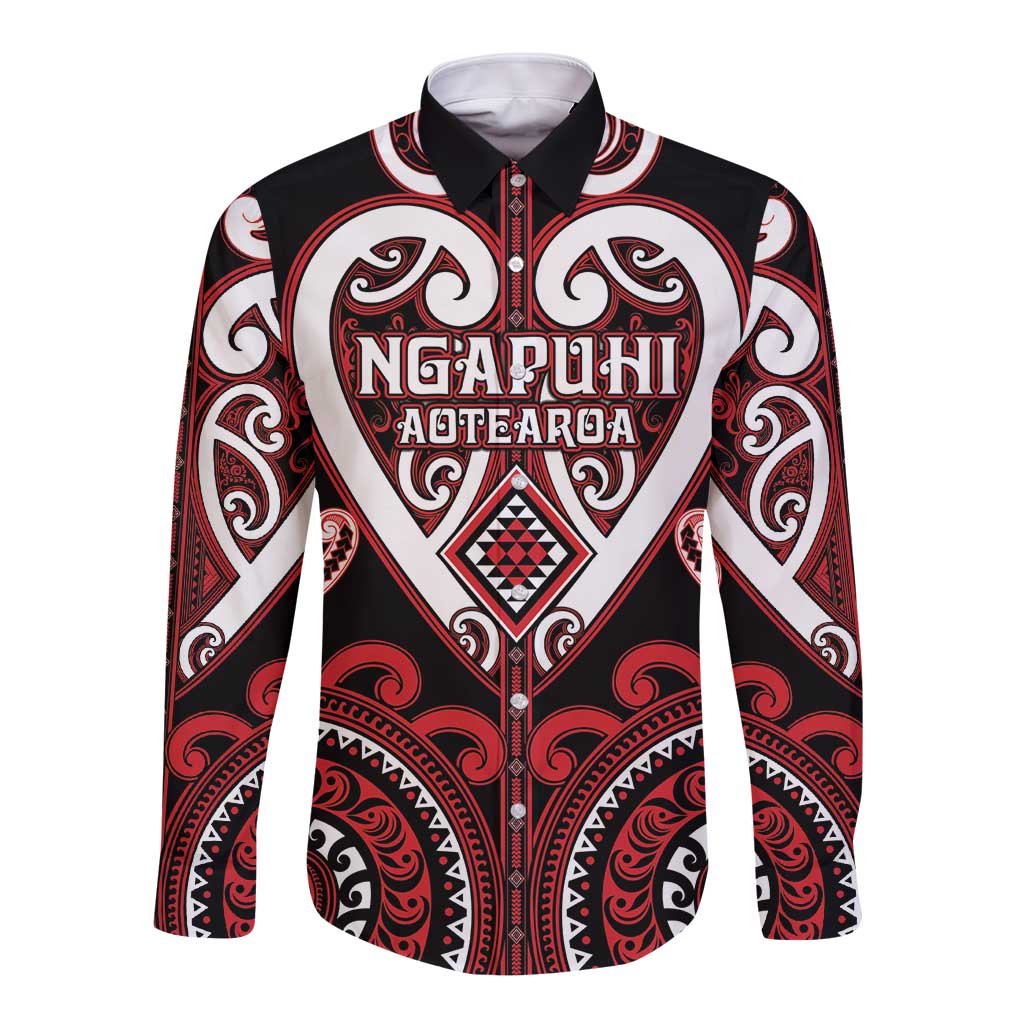 Custom Aotearoa Ngapuhi Long Sleeve Button Shirt Maori Tribal Pattern
