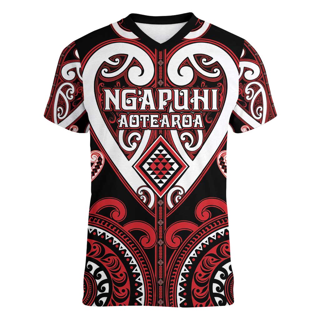 Custom Aotearoa Ngapuhi Women V-Neck T-Shirt Maori Tribal Pattern LT05 Female Red - Polynesian Pride