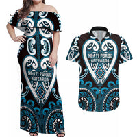 Custom Aotearoa Ngati Porou Couples Matching Off Shoulder Maxi Dress and Hawaiian Shirt Maori Tribal Pattern LT05 Blue - Polynesian Pride
