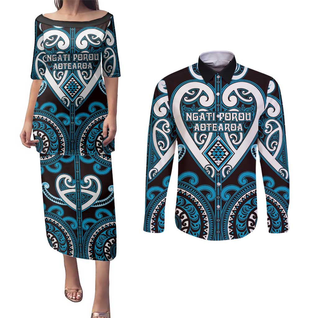 Custom Aotearoa Ngati Porou Couples Matching Puletasi and Long Sleeve Button Shirt Maori Tribal Pattern