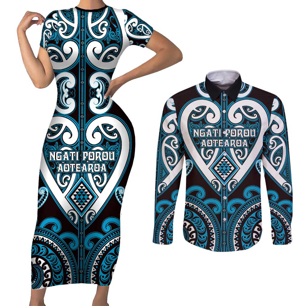 Custom Aotearoa Ngati Porou Couples Matching Short Sleeve Bodycon Dress and Long Sleeve Button Shirt Maori Tribal Pattern